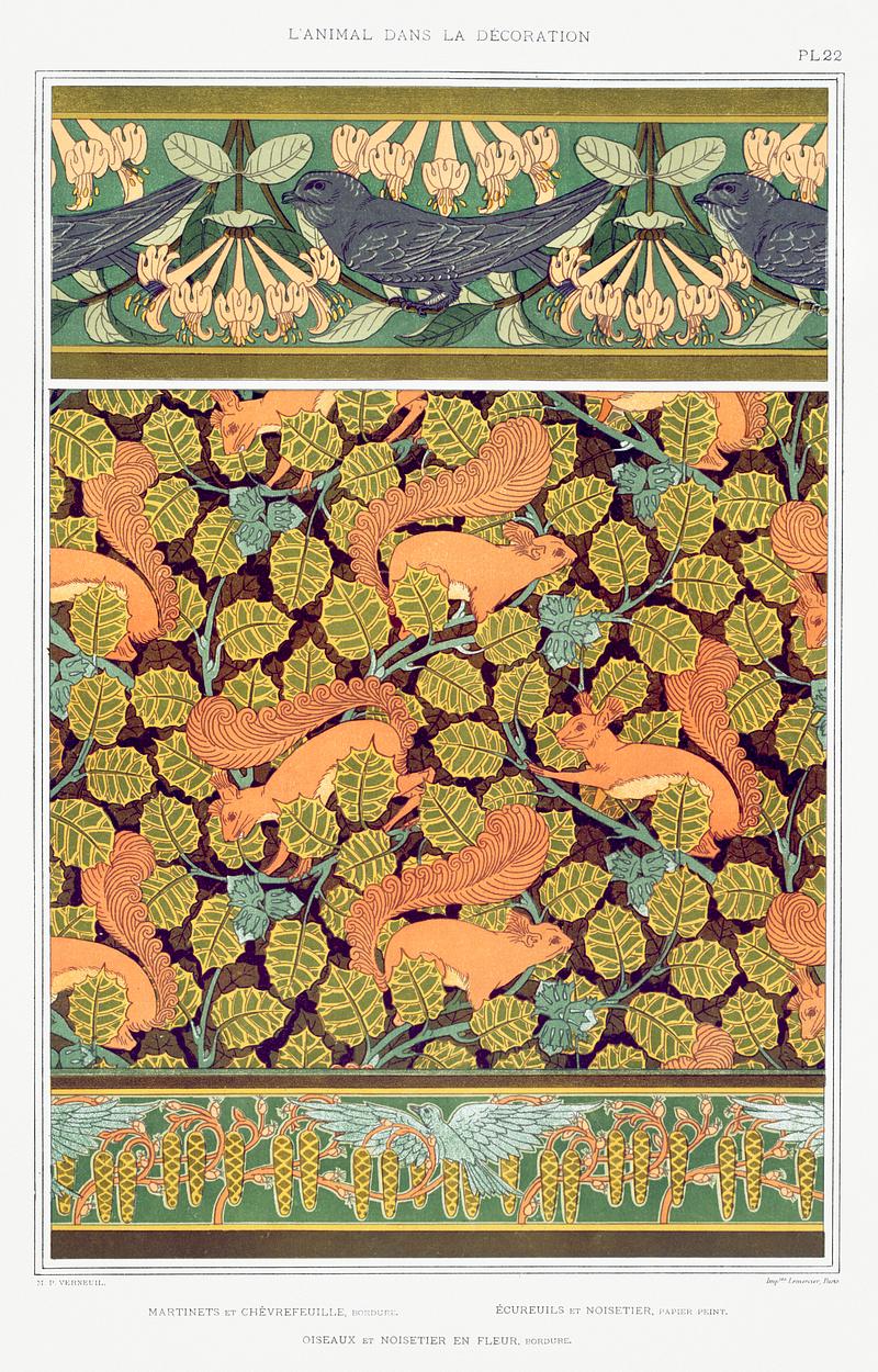 Illustration from L'animal dans la décoration Martinets et chèvrefeuille, bordure. Écureuils et noisetier, papier peint. Oiseaux et noisetier en fleur…