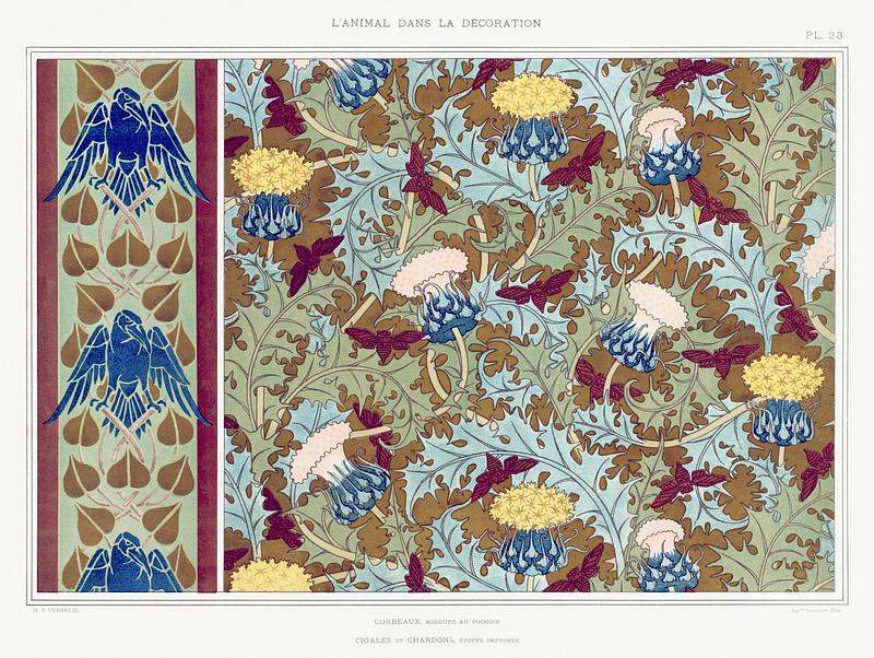 Illustration from L'animal dans la décoration Corbeaux, bordure au pochoir; cigales et chardons, étoffe imprimée from L'animal dans la décoration…