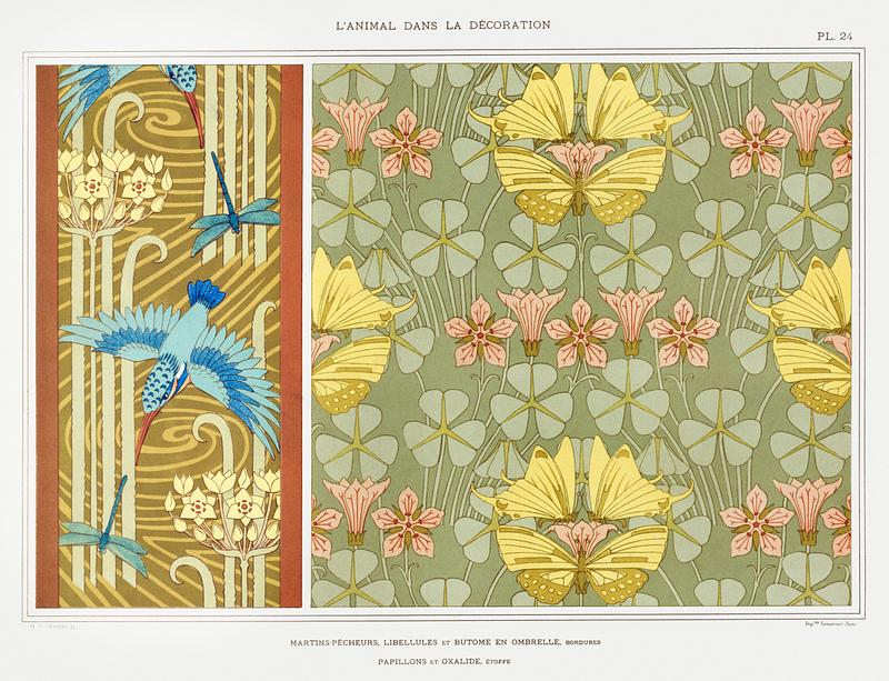 Illustration from L'animal dans la décoration Martins-pêcheurs, libellules et butome en ombrelle, bordures; papillons et oxalide, étoffe from L'animal dans la…