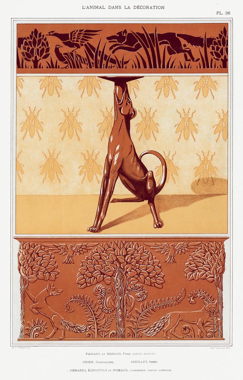 Illustration from L'animal dans la décoration Faisans et renard, frise cuivre découpé. Chien, chandelier. Abeilles, semis. Renards, écureuils et…