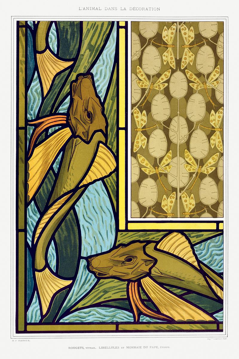 Illustration from L'animal dans la décoration Rougets, vitrail. Libellules et monnaie du pape, étoffe from L'animal dans la décoration (1897) illustrated by…