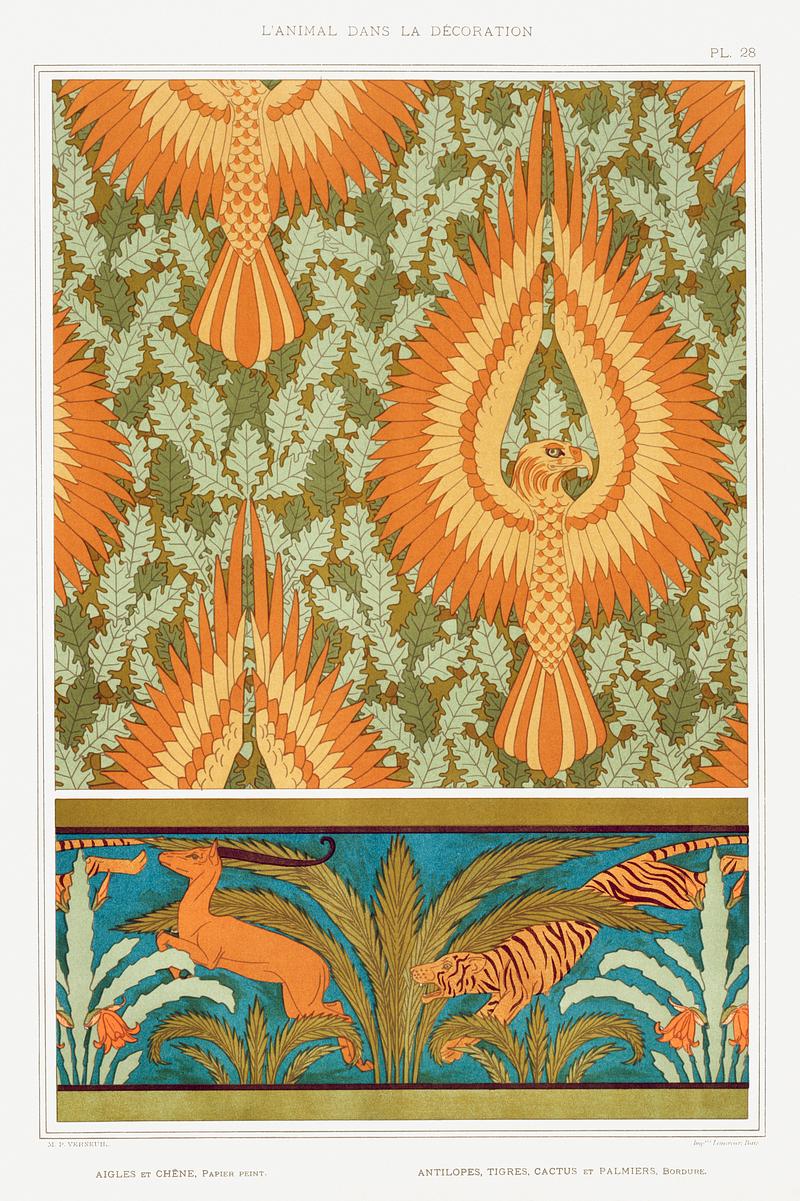 Illustration from L'animal dans la décoration Aigles et chêne, papier peint. Antilopes, tigres, cactus et palmiers, bordure from L'animal dans la décoration…