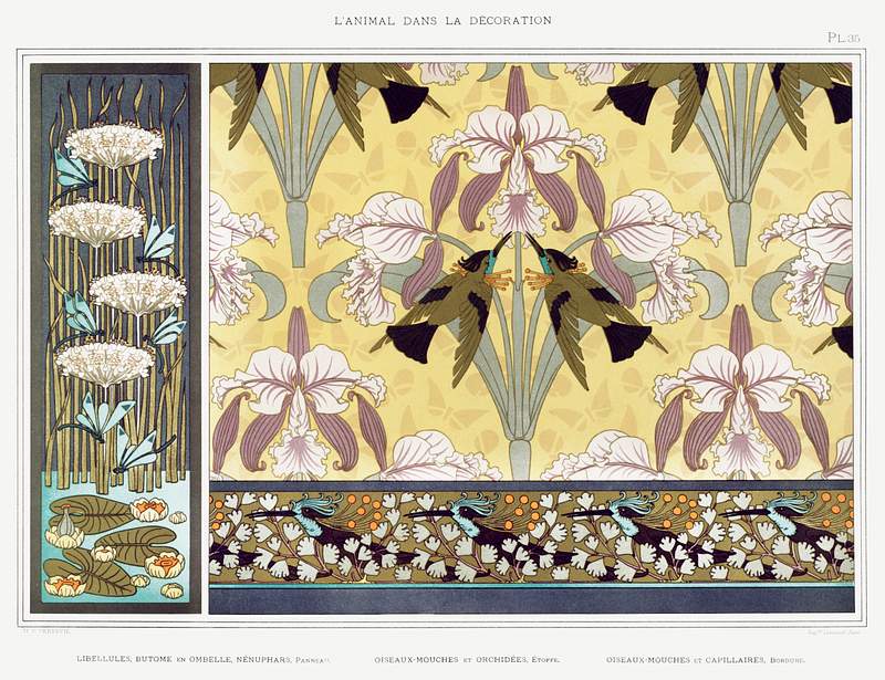 Libellules, butome en ombelle, nénuphars, panneau. Oiseaux-mouches et orchidées, étoffe. Oiseaux-mouches…