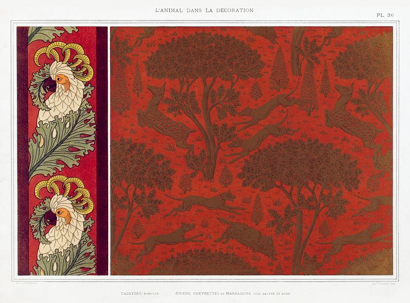 Illustration from L'animal dans la décoration Cacatoès, bordure. Chiens, chevrettes et marcassins, cuir gaufré et doré from L'animal dans la…