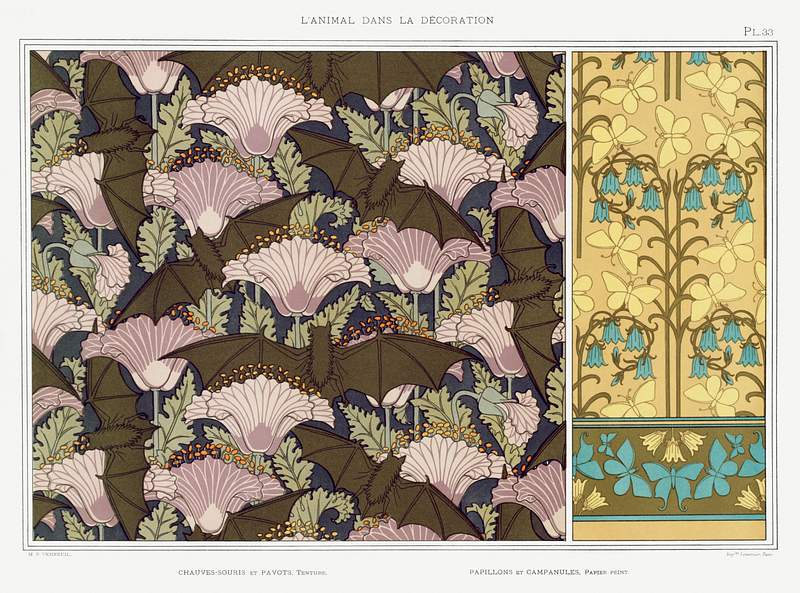 Chauves-souris et pavots, tenture. Papillons et campanules, papier peint from L'animal dans la décoration (1897)…