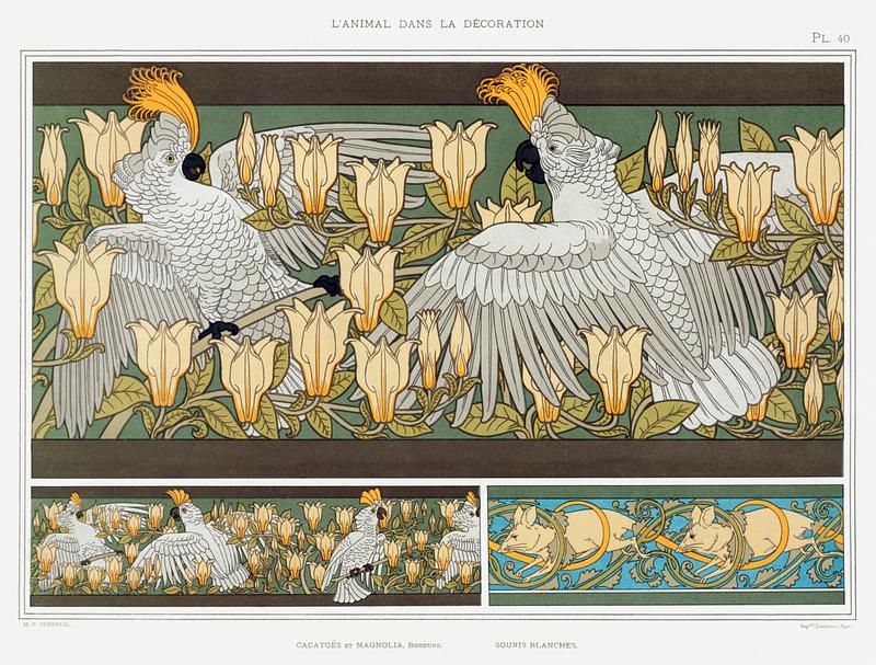 Illustration from L'animal dans la décoration Cacatoës et magnolia, bordure. Souris blanches from L'animal dans la décoration (1897) illustrated by Maurice…