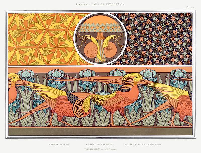 Oiseaux, jeu de fond. Escargots et champignon. Coccinelles et capillaires, étoffe. Faisan dorés et iris…
