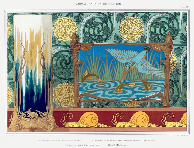 Illustration from L'animal dans la décoration Crevettes, support en bronze pour un vase. Martin-pêcheur et poissons, jardinière bronze et émail…
