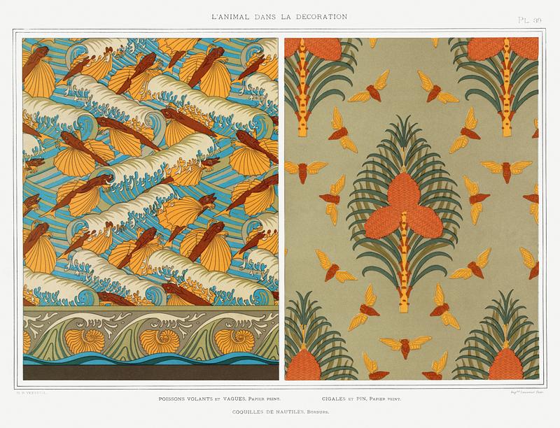 Illustration from L'animal dans la décoration Poissons volants et vagues, papier peint. Cigales et pin, papier peint. Coquilles de nautiles, bordure from L'animal dans la…