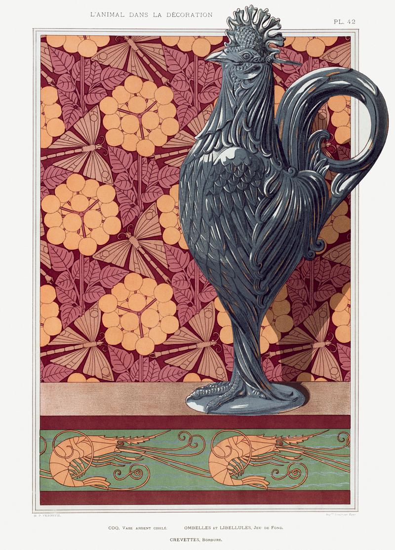 Illustration from L'animal dans la décoration Coq, vase argent ciselé. Ombelles et libellules, jeu de fond. Crevettes, bordure from L'animal dans la…