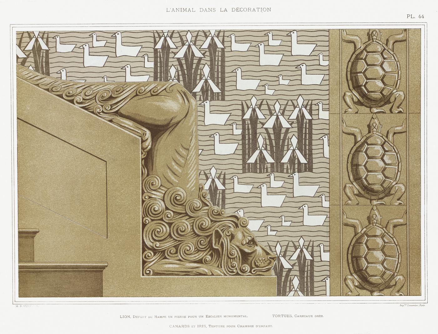 Illustration from L'animal dans la décoration Lion, départ de rampe en pierre pour en escalier monumental. Tortues, carreaux grès. Canards et iris, tenture...