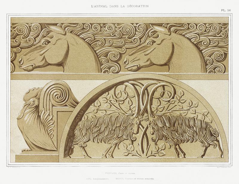 Illustration from L'animal dans la décoration Chevaux, frise en pierre. Coq, amortissement. Boucs, tympan en pierre sculptée from L'animal dans la décoration…