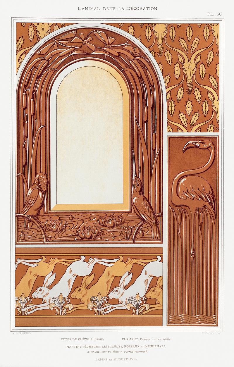 Illustration from L'animal dans la décoration Têtes de chèvres, semis. Flamant, plaque cuivre fondu. Martins-pêcheurs, libellules, roseaux et…