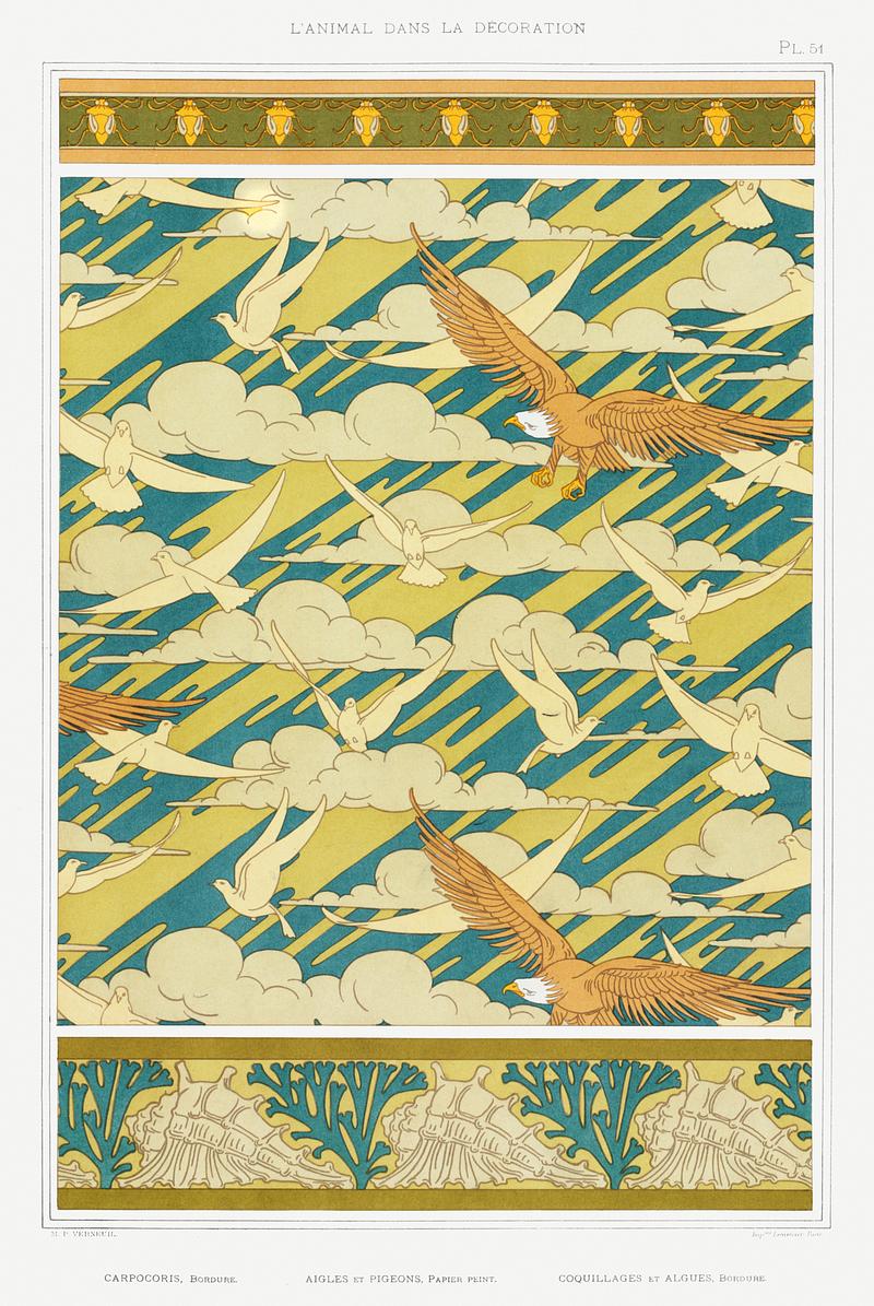 Illustration from L'animal dans la décoration Carpocoris, bordure. Aigles et pigeons, papier peint. Coquillages et algues, bordure from L'animal dans la décoration…