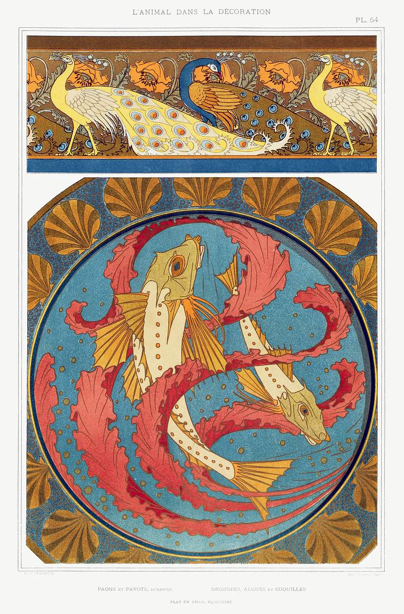 Illustration from L'animal dans la décoration | Free public domain illustration Paons et pavots, bordure. Grondins, algues et coquilles, plat en émail cloisonné from L'animal dans la…