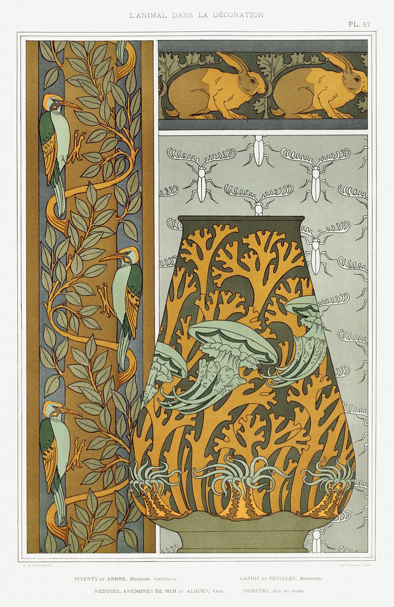 Illustration from L'animal dans la décoration Piverts et arbre, bordure verticale. Lapins et feuilles, bordure. Méduses, anémones de mer et algues, vase.…