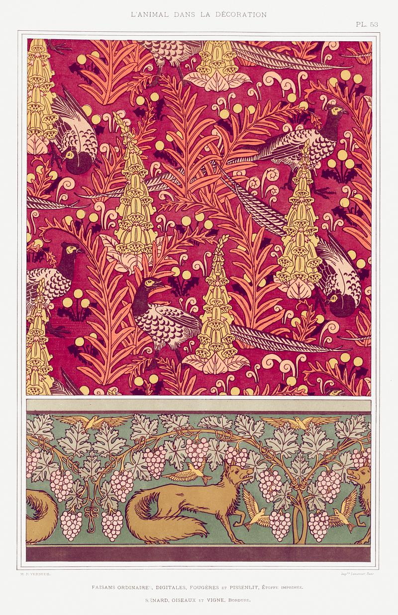 Illustration from L'animal dans la décoration Faisans ordinaires, digitales, fougères et pissenlit, étoffe imprimée. Renard, oiseaux et vigne…