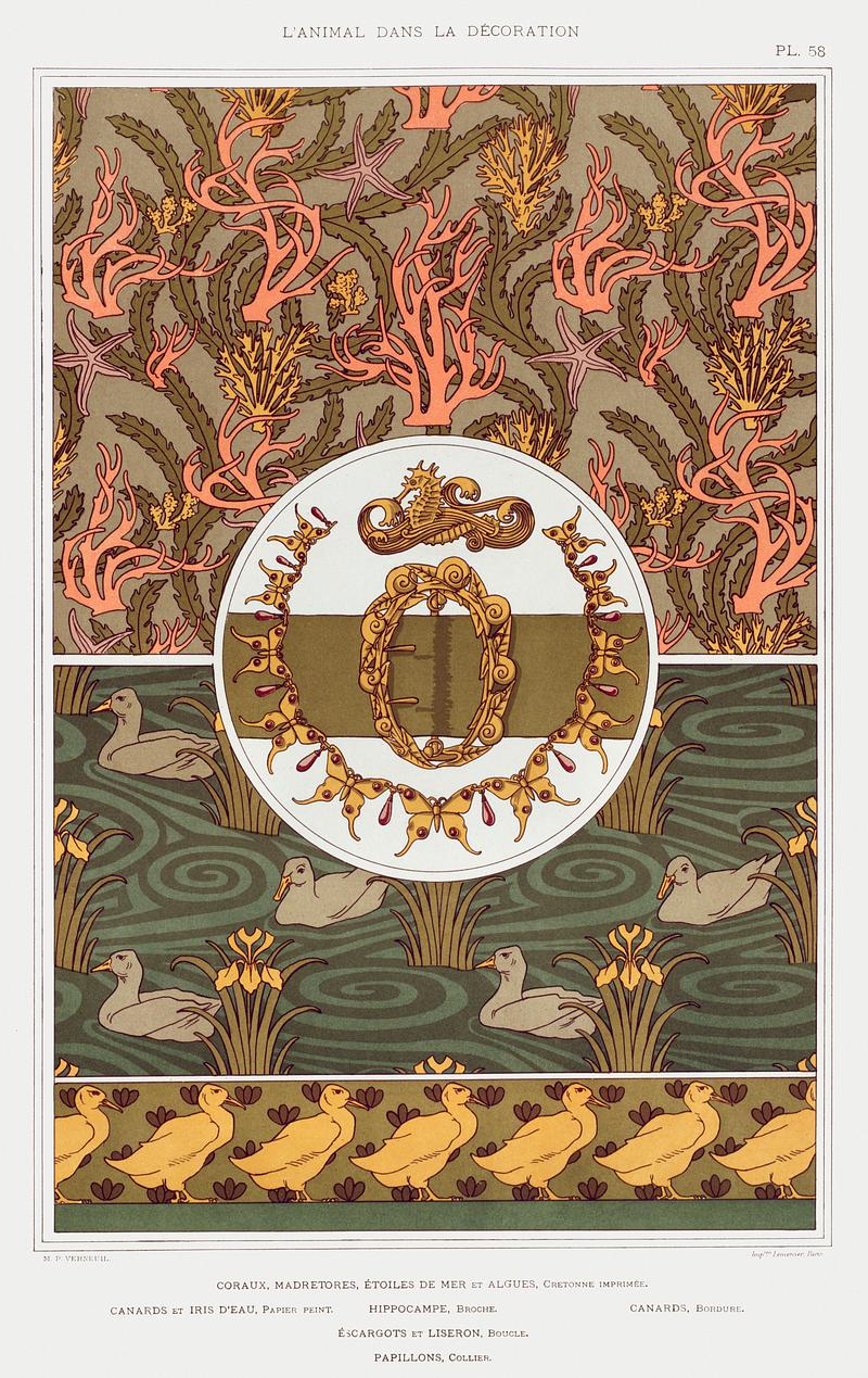 Illustration from L'animal dans la décoration Coraux, madrepores, étoiles de mer et algues, cretonne imprimée. Canards et iris d'eau, papier peint.…