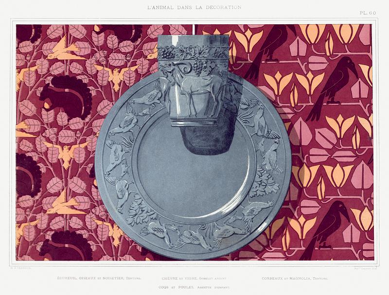 Illustration from L'animal dans la décoration Écureuil, oiseaux et noisetier, tenture. Chèvre et vigne, gobelet argent. Corbeaux et magnolia, tenture. Coqs…
