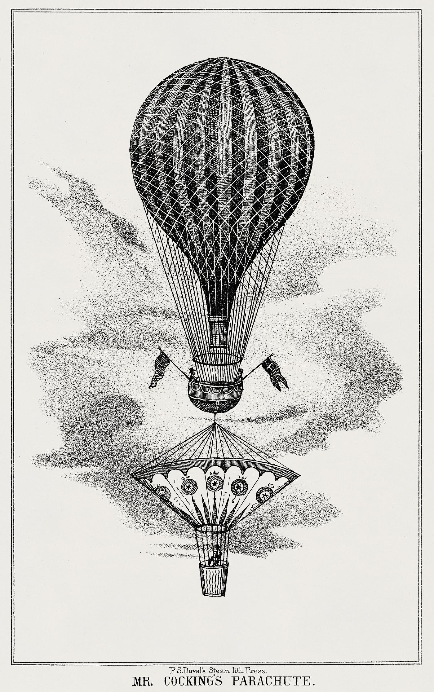 Mr. Cocking's parachute from a system of aeronautics (1850) by John Wise (1808-1879) Mr. Cocking's parachute from a system of aeronautics (1850) by John Wise (1808-1879)