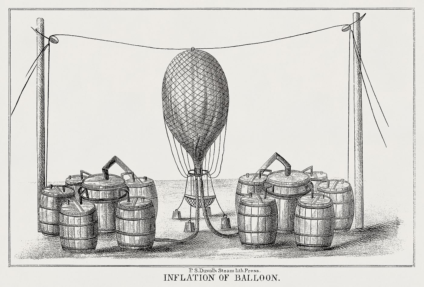 Inflation of balloon from a system of aeronautics (1850) by John Wise (1808-1879) Inflation of balloon from a system of aeronautics (1850) by John Wise (1808-1879)