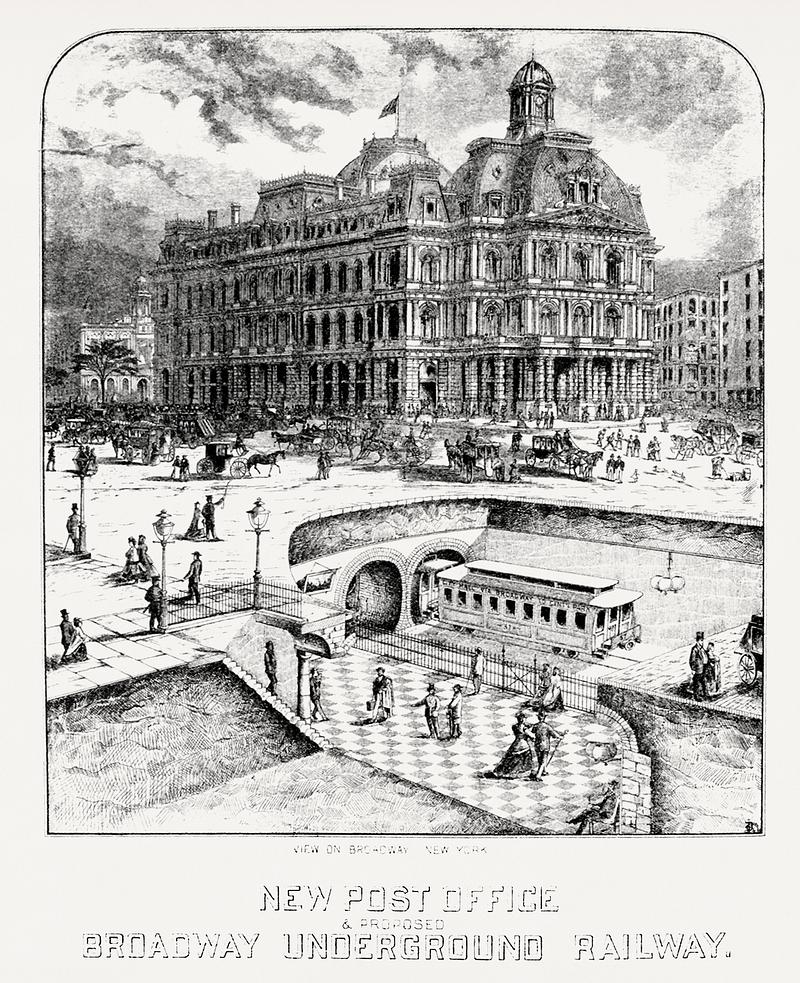 Illustration of New post office & proposed Broadway underground railway from Illustrated description of the Broadway underground railway (1872) by New York Parcel Dispatch Company. Illustration of New post office & proposed Broadway underground railway from Illustrated description of the Broadway…