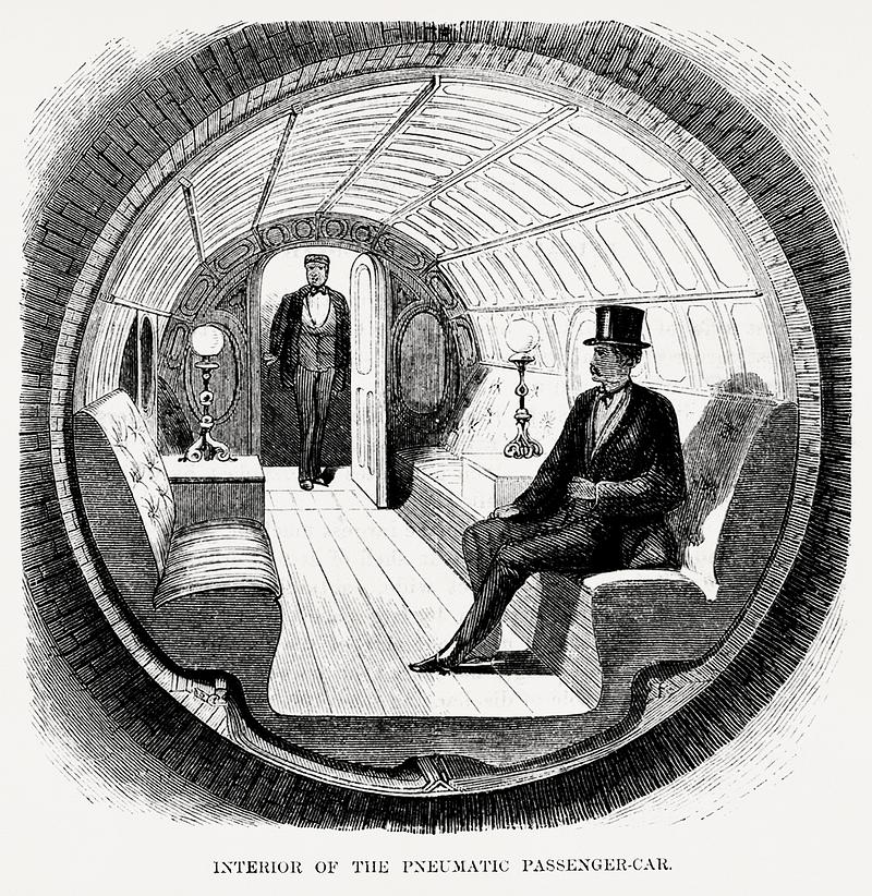 Illustration of interior of the pneumatic passenger-car from Illustrated description of the Broadway underground railway (1872) by New York Parcel Dispatch Company. Illustration of interior of the pneumatic passenger-car from Illustrated description of the Broadway underground railway…