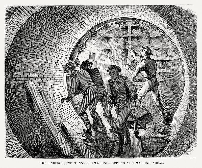 Illustration of the underground tunneling machine - driving the machine ahead from Illustrated description of the Broadway underground railway (1872) by New York Parcel Dispatch Company. Illustration of the underground tunneling machine - driving the machine ahead from Illustrated description of the Broadway…