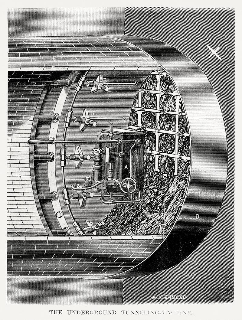 Illustration of underground tunneling-machine from Illustrated description of the Broadway underground railway (1872) by New York Parcel Dispatch Company. Illustration of underground tunneling-machine from Illustrated description of the Broadway underground railway (1872) by New…