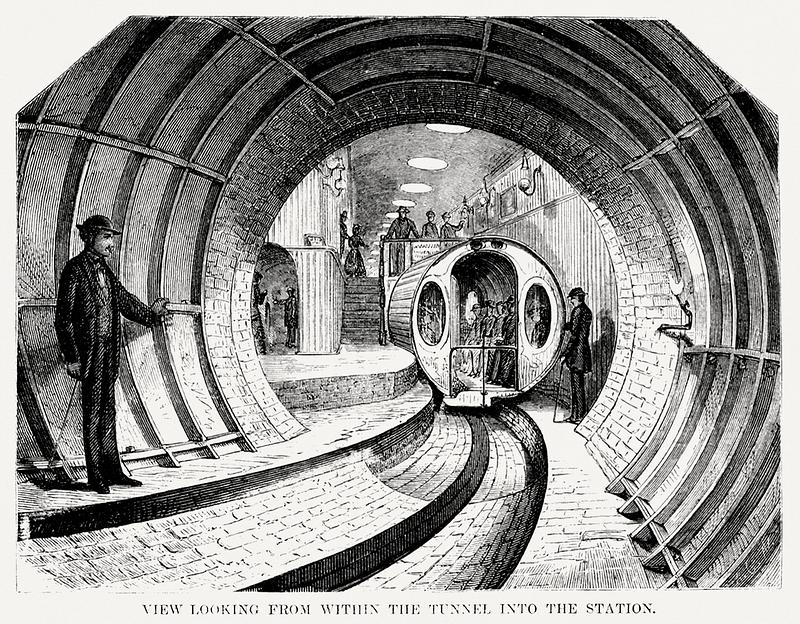 Illustration of the view when looking from within the tunnel into the station from Illustrated description of the Broadway underground railway (1872) by New York Parcel Dispatch Company. Illustration of the view when looking from within the tunnel into the station from Illustrated description of the Broadway…