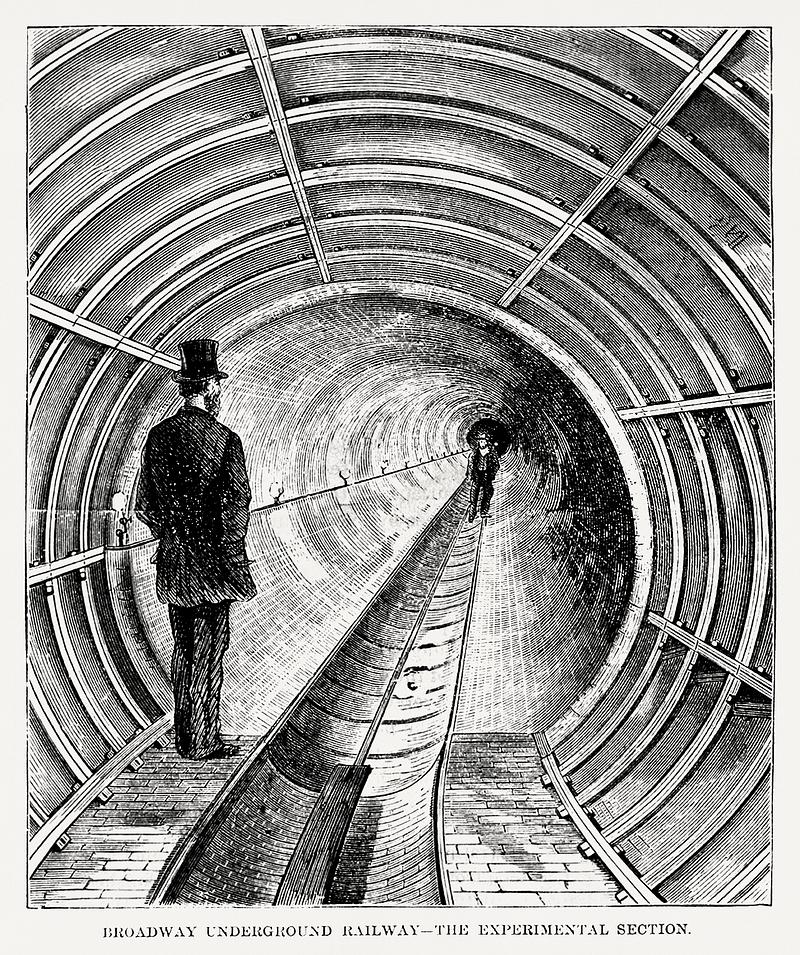 Illustration of Broadway underground railway - the experimental section from Illustrated description of the Broadway underground railway (1872) by New York Parcel Dispatch Company. Illustration of Broadway underground railway - the experimental section from Illustrated description of the Broadway…