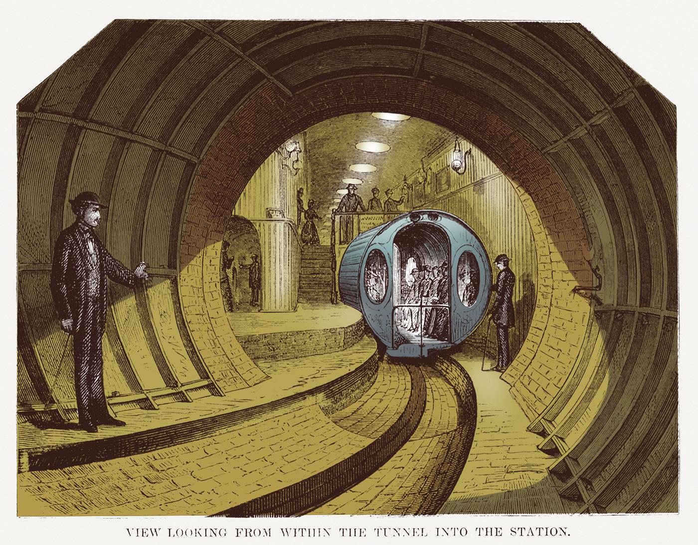 Vintage Illustration of the view when looking from within the tunnel into the station Vintage Illustration of the view when looking from within the tunnel into the station