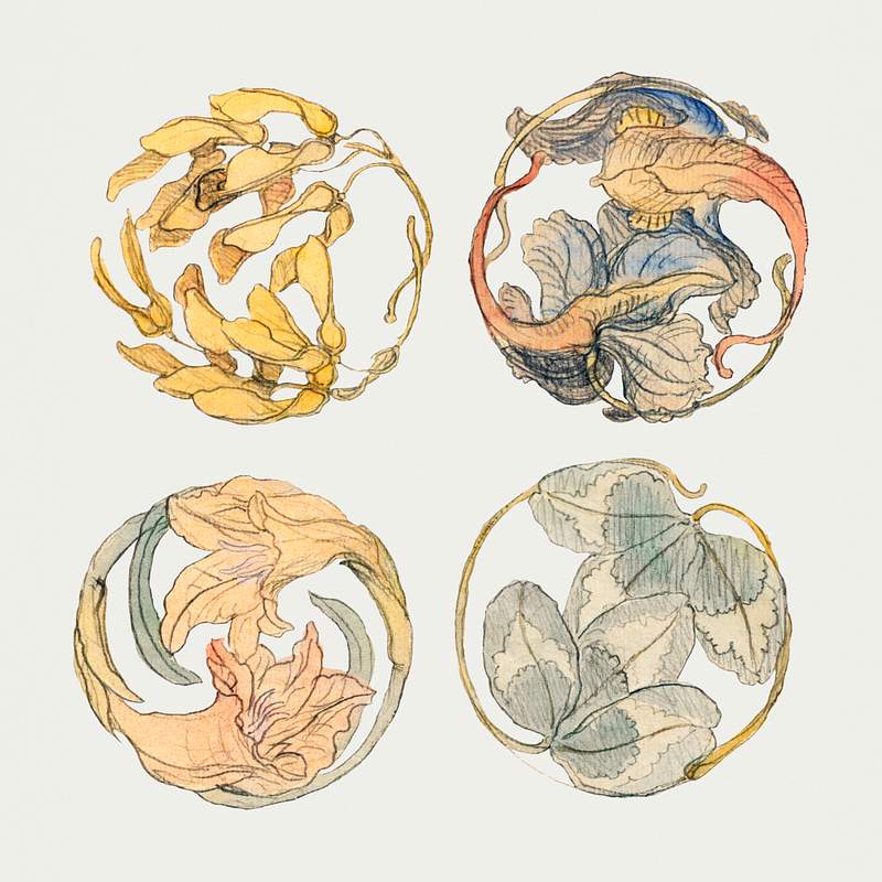 Flower Studies (Four Designs for Circular Ornaments) (1880–1890) by Samuel Colman. Original from The Smithsonian…