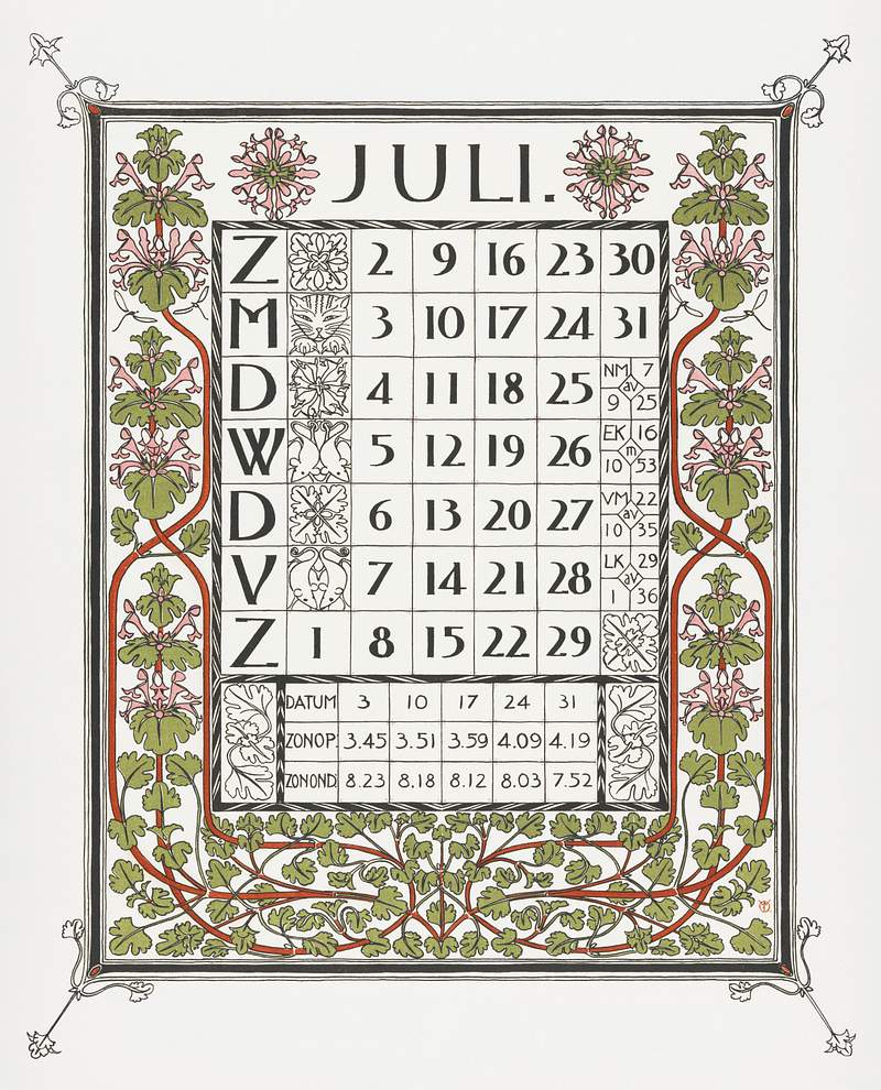 Calendar for July 1899 (1898) print in high resolution by Gerrit Willem Dijsselhof. Original from the Rijksmuseum. Digitally…