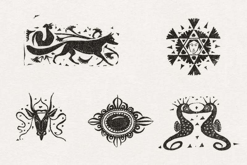 Fox, cow's head, jewelry and seahorses (ca.1893–1927) print in high resolution by Gerrit Willem Dijsselhof. Original…
