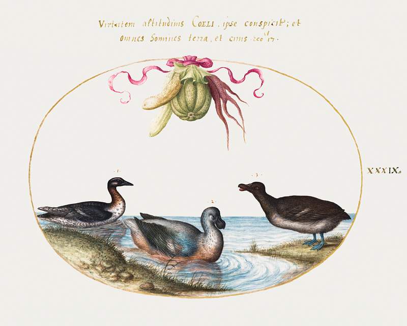 Three Waterfowl, One with Blue Feet, Beneath a Garland of Produce (1575–1580) painting in high resolution by Joris…
