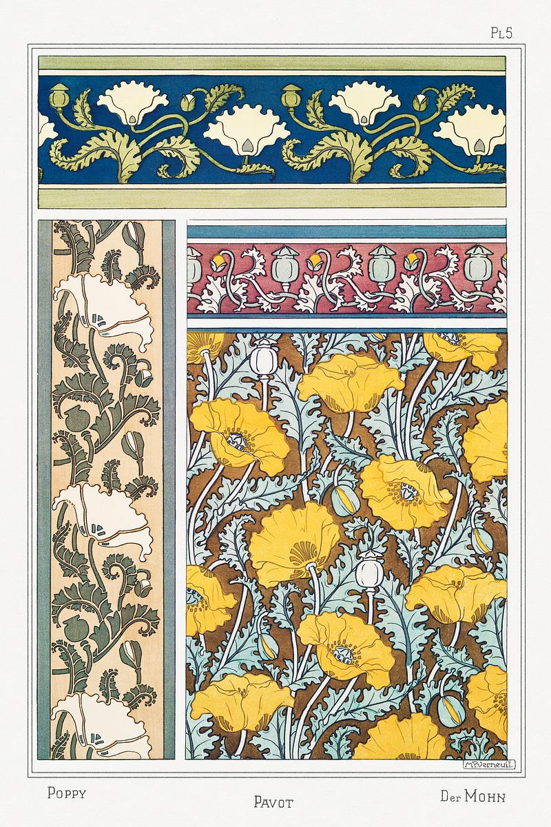 Pavot (poppy) from La Plante et ses… | Free public domain illustration Pavot (poppy) from La Plante et ses Applications ornementales (1896) illustrated by Maurice Pillard Verneuil. Original from…