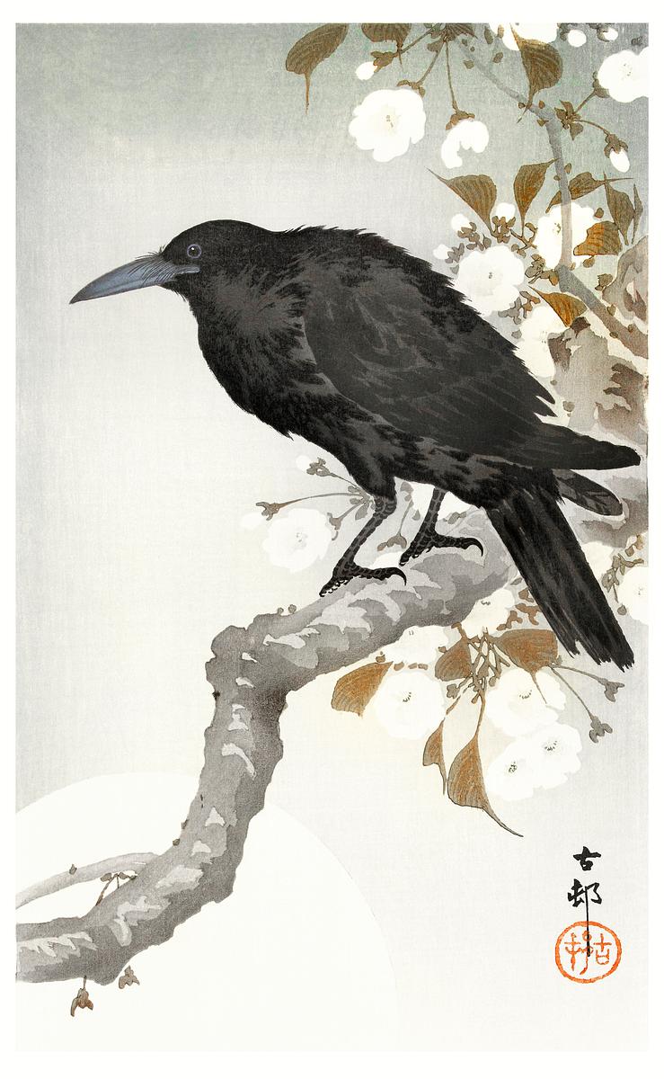A crow and the full moon (1900-1930) by Ohara… | Free public domain illustration A crow and the full moon (1900-1930) by Ohara Koson (1877-1945). Original from The Rijksmuseum. Digitally enhanced by…