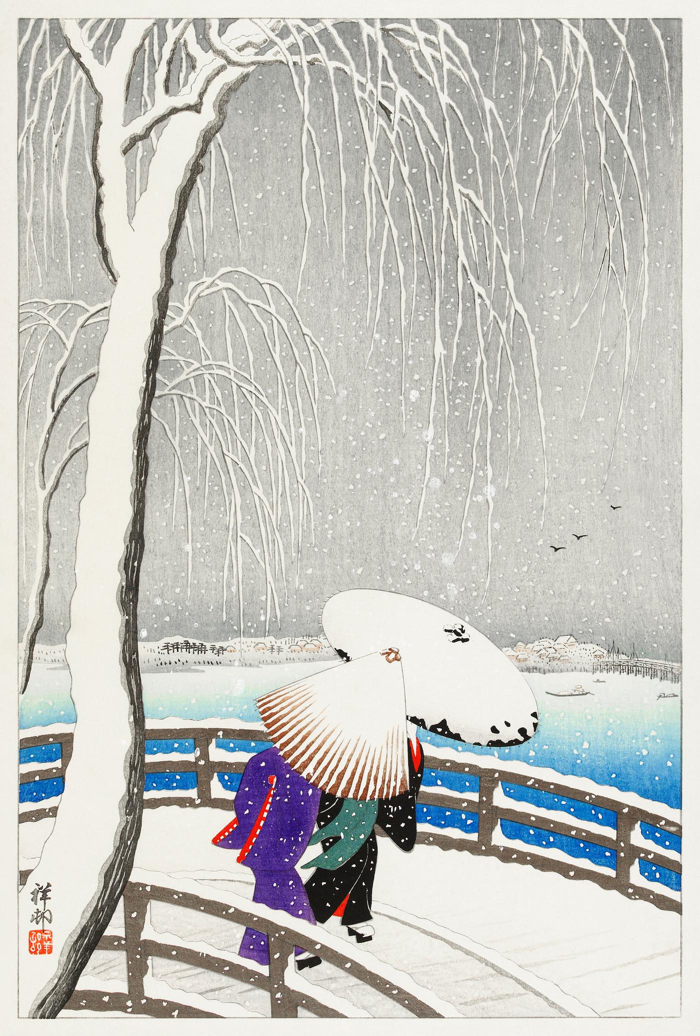 Two women in the snow on Yanagi Bridge (1927) by Ohara Koson (1877-1945). Original from The Rijksmuseum. Digitally enhanced... Two women in the snow on Yanagi Bridge (1927) by Ohara Koson (1877-1945). Original from The Rijksmuseum. Digitally enhanced...