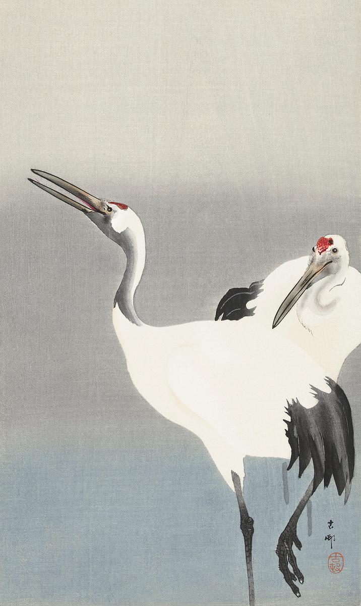 Two cranes (1900-1930) by Ohara Koson (1877… | Free public domain illustration Two cranes (1900-1930) by Ohara Koson (1877-1945). Original from The Rijksmuseum. Digitally enhanced by rawpixel.