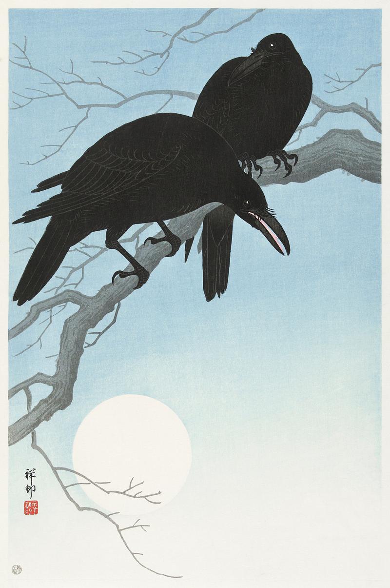 Two crows on a branch (1927) by Ohara Koson (1877-1945). Original from The Rijksmuseum. Digitally enhanced by rawpixel. Two crows on a branch (1927) by Ohara Koson (1877-1945). Original from The Rijksmuseum. Digitally enhanced by rawpixel.