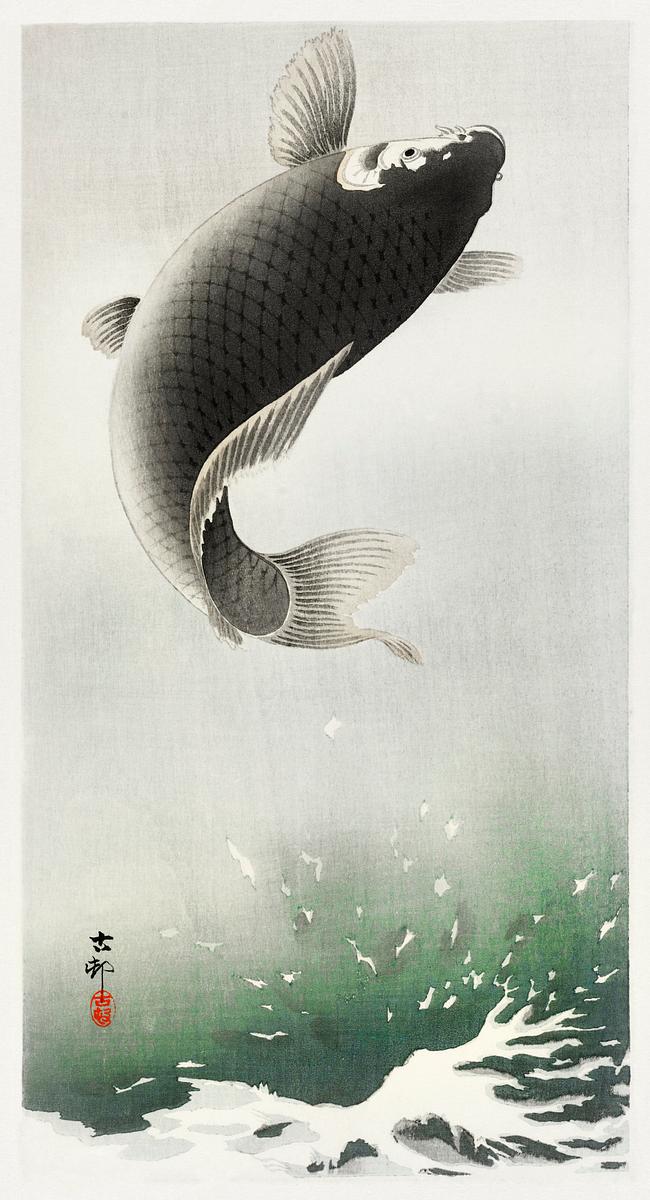 Leaping carp (1900 - 1930) by Ohara Koson… | Free public domain illustration Leaping carp (1900 - 1930) by Ohara Koson (1877-1945). Original from The Rijksmuseum. Digitally enhanced by rawpixel.