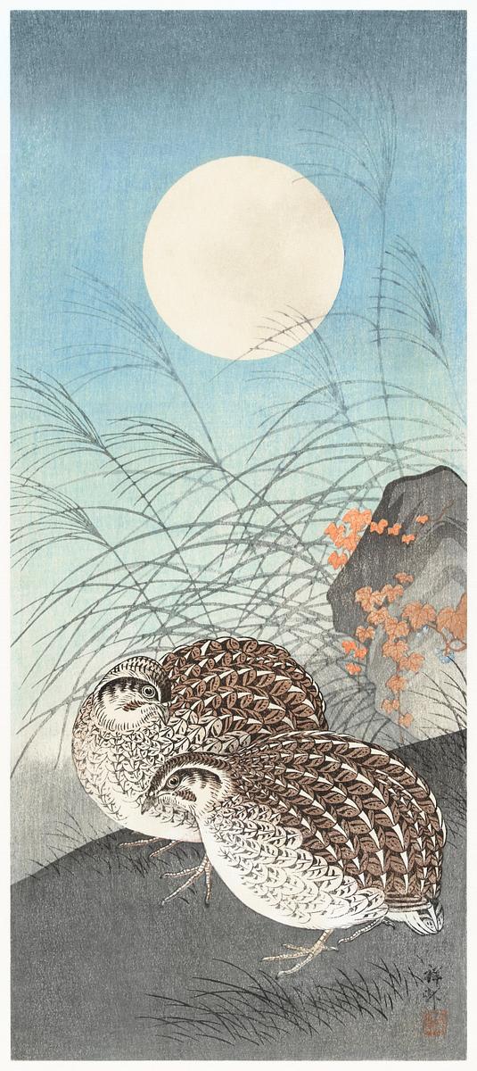 Two quails at full moon (1900 - 1936) by… | Free public domain illustration Two quails at full moon (1900 - 1936) by Ohara Koson (1877-1945). Original from The Rijksmuseum. Digitally enhanced by…