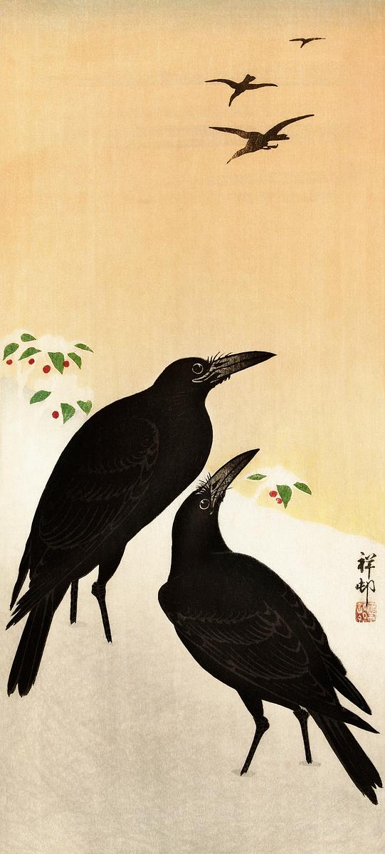 Crows in snow (1900 - 1936) by Ohara Koson… | Free public domain illustration Crows in snow (1900 - 1936) by Ohara Koson (1877-1945). Original from The Rijksmuseum. Digitally enhanced by rawpixel.