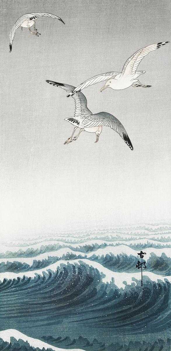 Three seagulls (1900 - 1936) by Ohara Koson… | Free public domain illustration Three seagulls (1900 - 1936) by Ohara Koson (1877-1945). Original from The Rijksmuseum. Digitally enhanced by rawpixel.