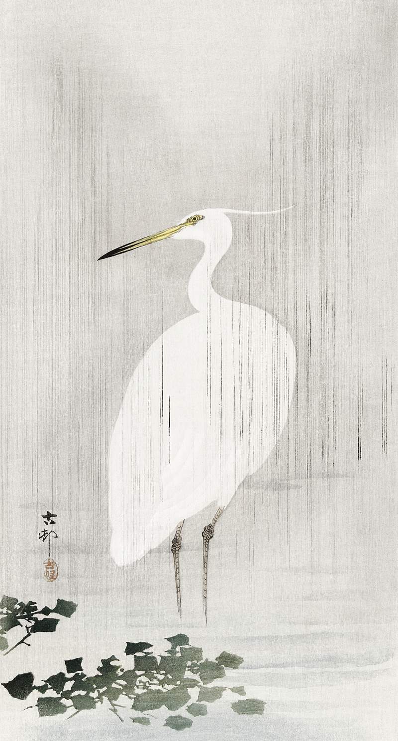Egret in rain (1900 - 1930) by Ohara Koson… | Free public domain illustration Egret in rain (1900 - 1930) by Ohara Koson (1877-1945). Original from The Rijksmuseum. Digitally enhanced by rawpixel.