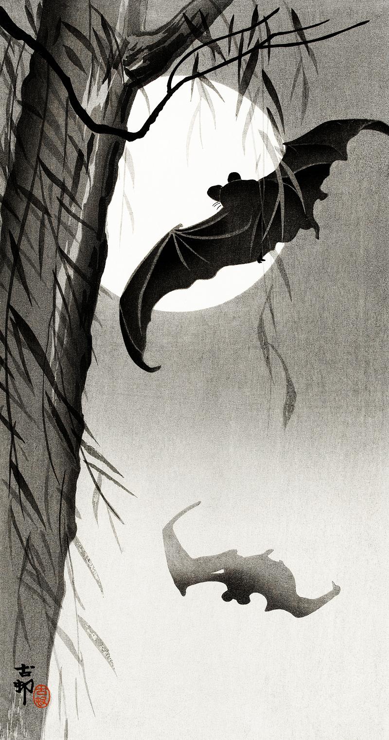 Vintage oriental bats Bats under the full moon (1900-1936) by Ohara Koson (1877-1945). Original from The Rijksmuseum. Digitally enhanced by…