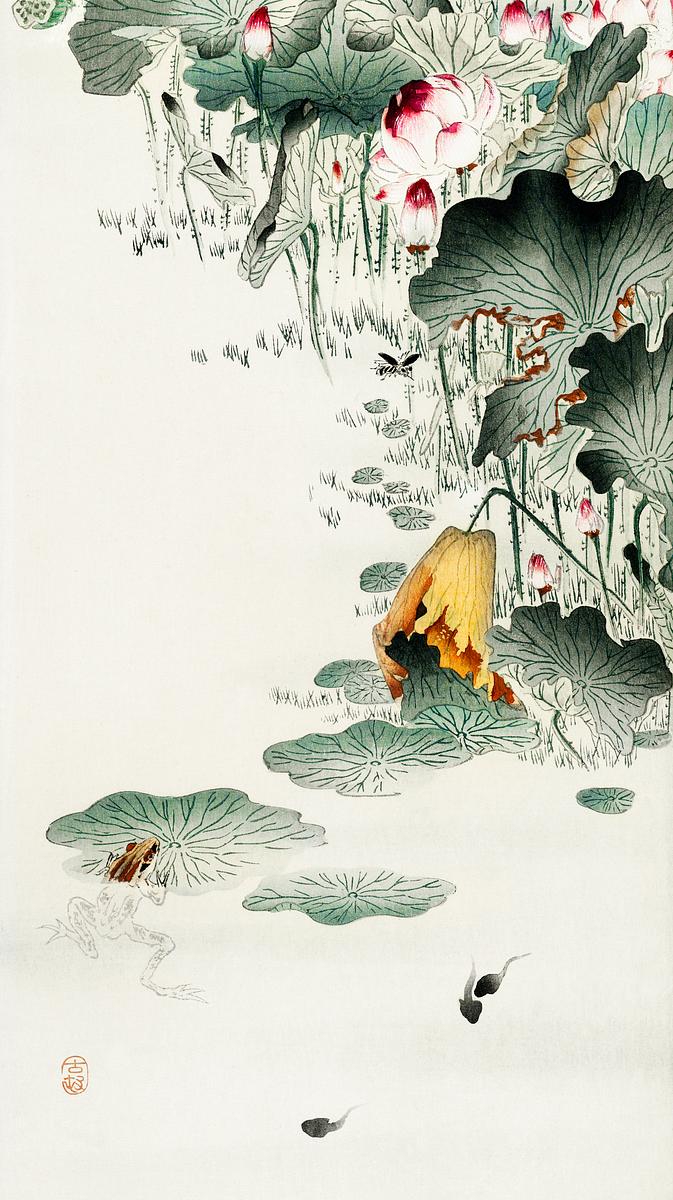 Frog and tadpoles (1900 - 1930) by Ohara… | Free public domain illustration Frog and tadpoles (1900 - 1930) by Ohara Koson (1877-1945). Original from The Rijksmuseum. Digitally enhanced by rawpixel.