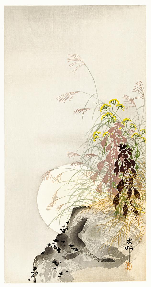 Grass and full moon (1900 - 1936) by Ohara… | Free public domain illustration Grass and full moon (1900 - 1936) by Ohara Koson (1877-1945). Original from The Rijksmuseum. Digitally enhanced by rawpixel.