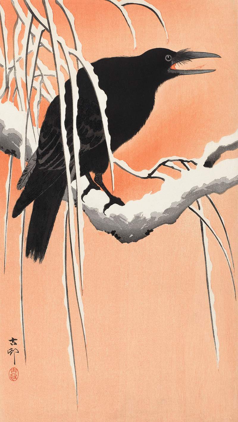 Crow on snowy branch (1900 - 1930) by Ohara Koson (1877-1945). Original from The Rijksmuseum. Digitally enhanced by rawpixel.